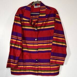 Chico’s Design 100% Silk Jacket Size 3 (XL) Red Purple Striped Button Top VTG